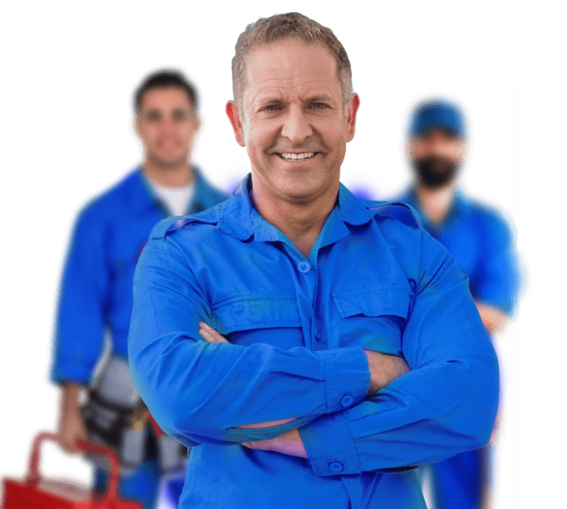 Workers in blue uniforms